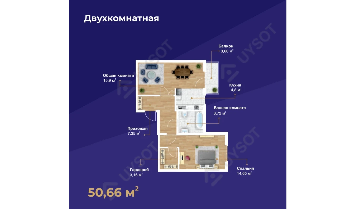 2-xonali xonadon 50.66 m²  2/2 qavat