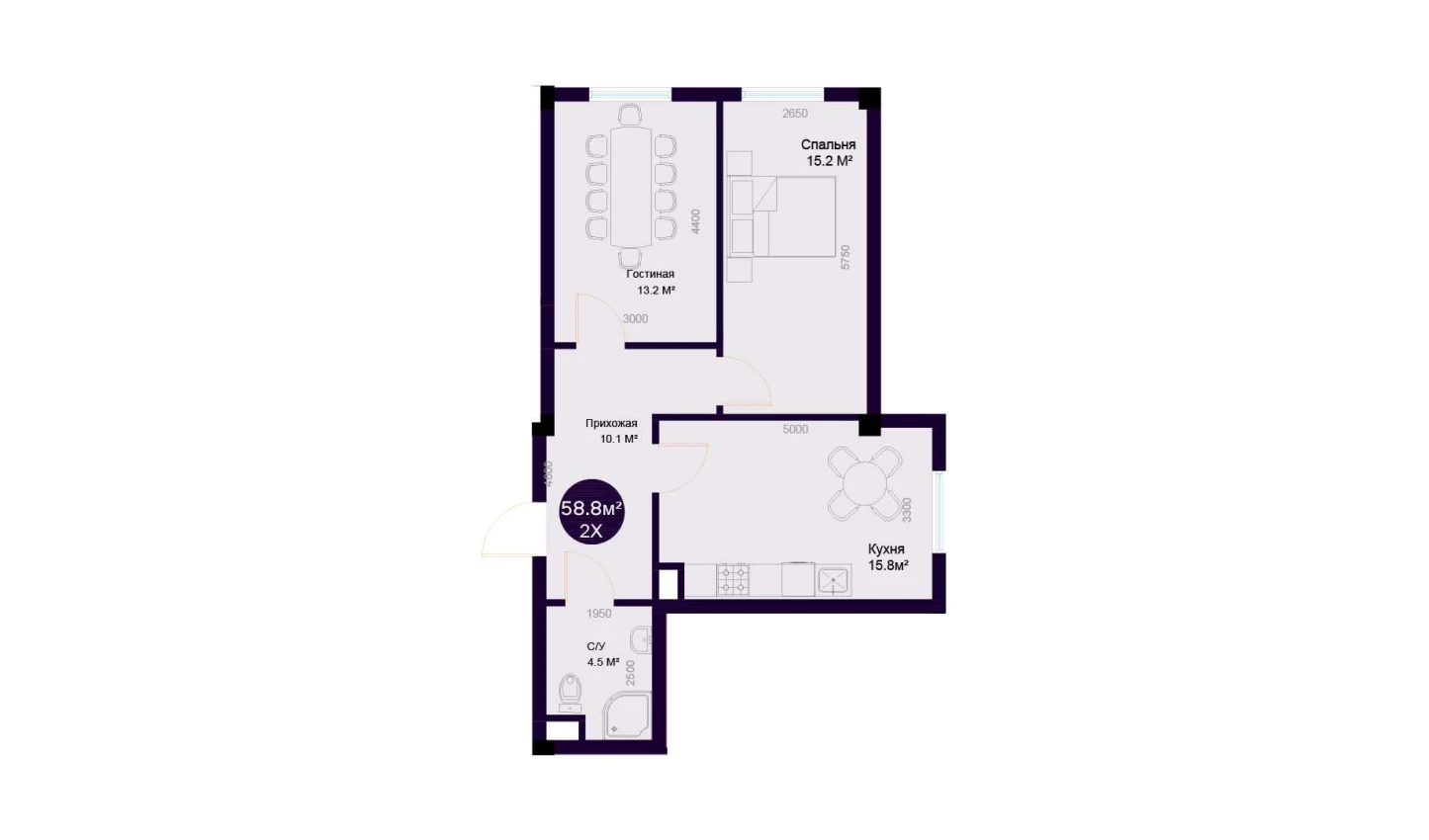 2-комнатная квартира 58.8 м²  1/1 этаж