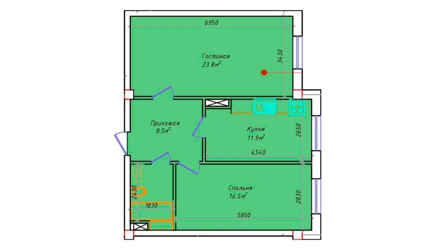 2-комнатная квартира 67.7 м²  4/4 этаж