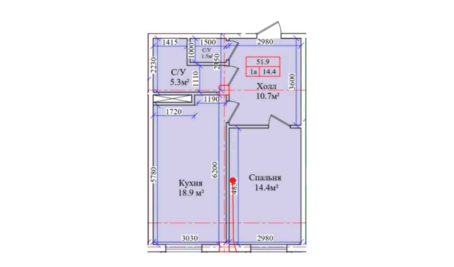 1-комнатная квартира 51.9 м²  1/1 этаж