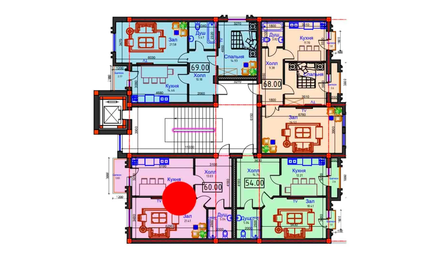 1-комнатная квартира 60 м²  6/6 этаж