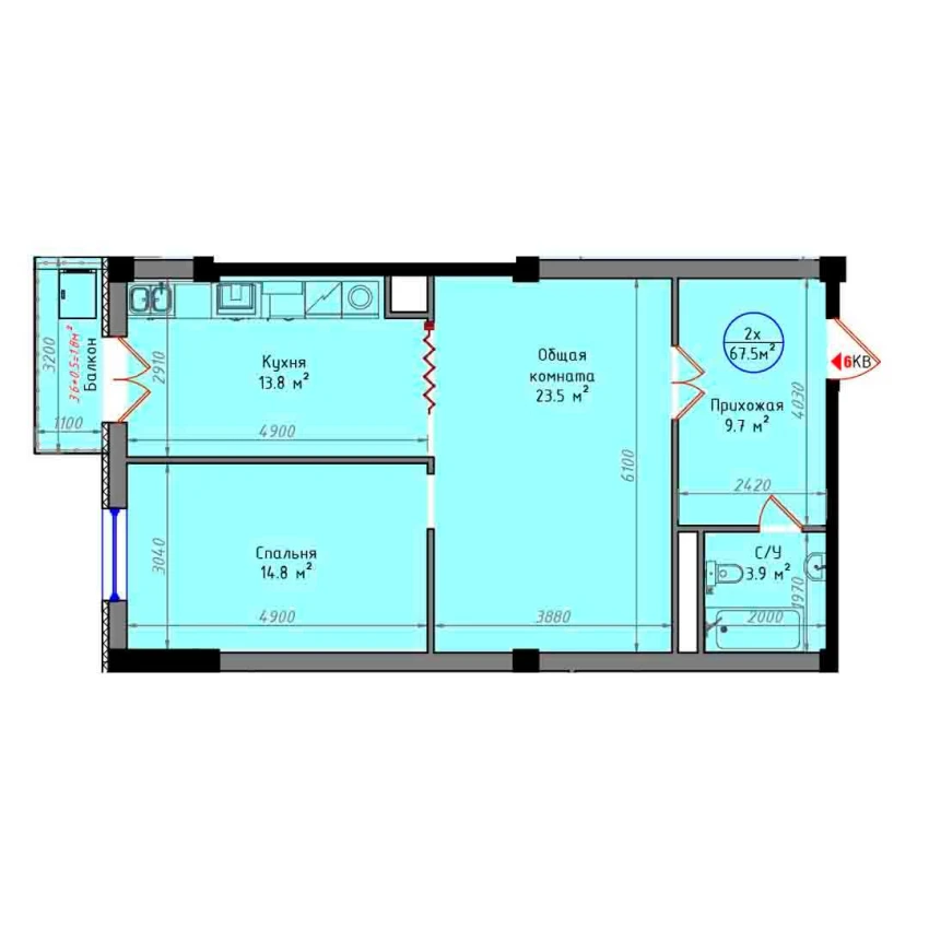 2-комнатная квартира 67.5 м²  8/8 этаж