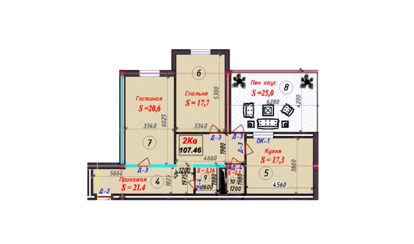 3-комнатная квартира 107.56 м²  7/7 этаж