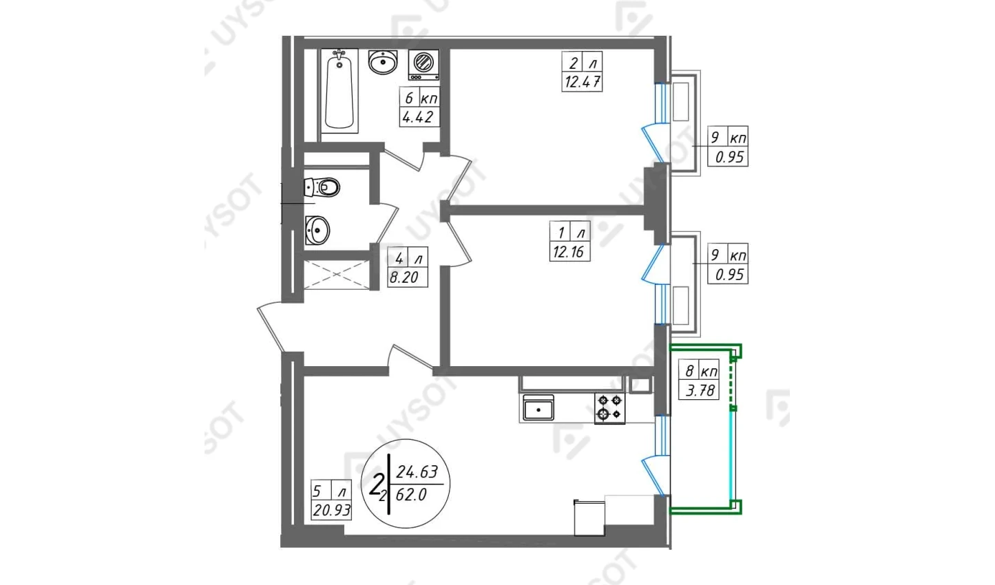 2-комнатная квартира 62 м²  6/6 этаж