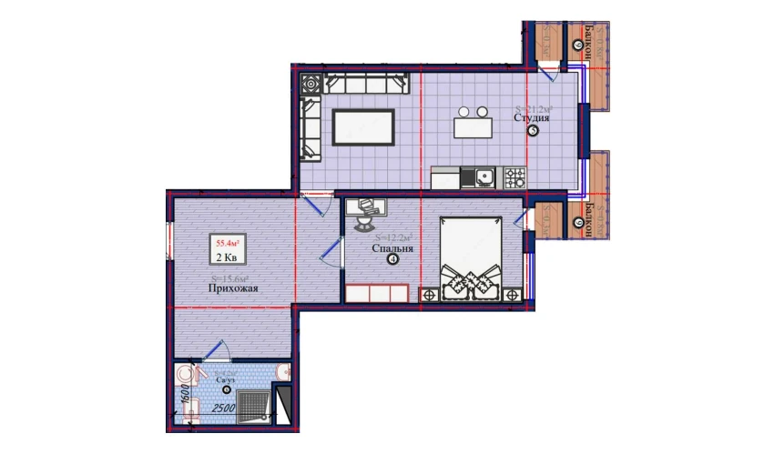 2-xonali xonadon 55.4 m²  3/10 qavat | NURAFSHON Turar-joy majmuasi