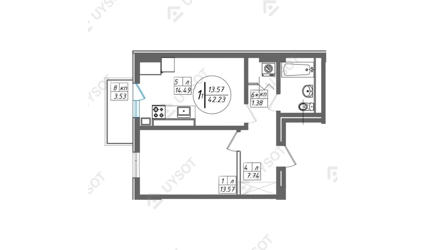 1-комнатная квартира 42.23 м²  2/13 этаж | Жилой комплекс SUN