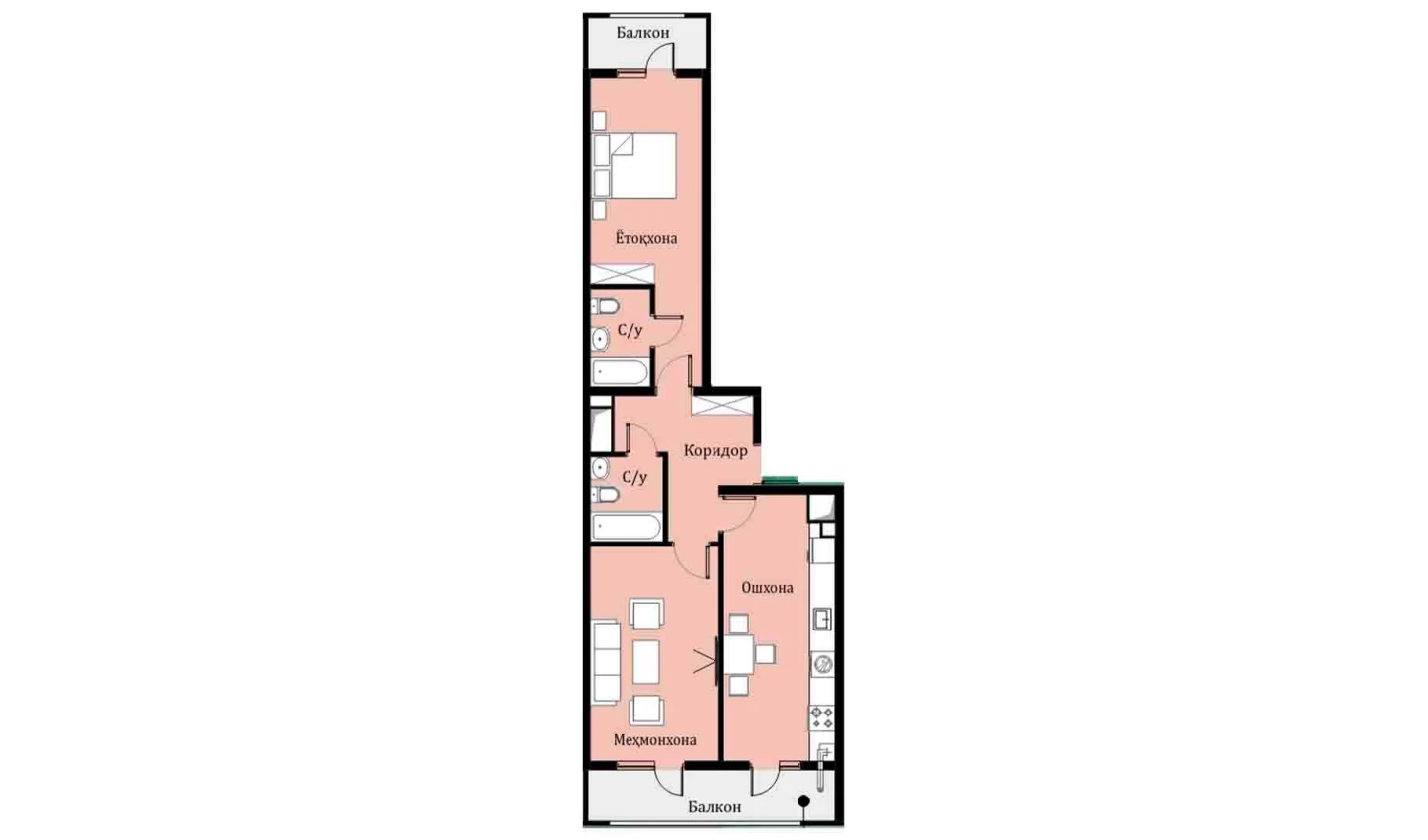 2-xonali xonadon 63.99 m²  5/5 qavat