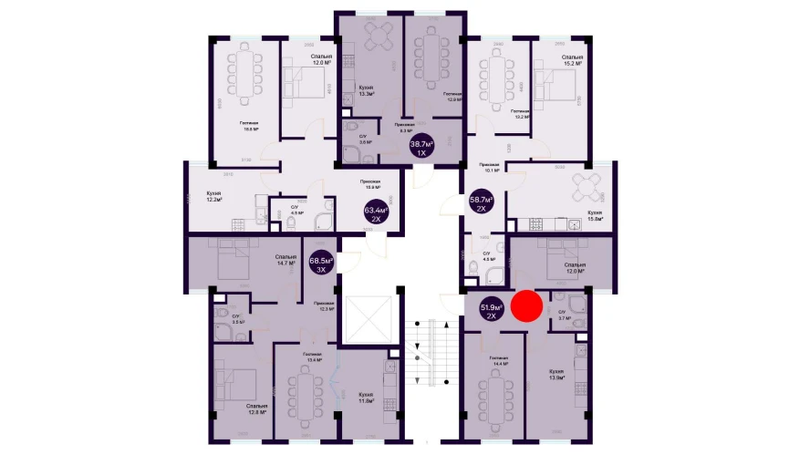 2-комнатная квартира 51.9 м²  1/1 этаж