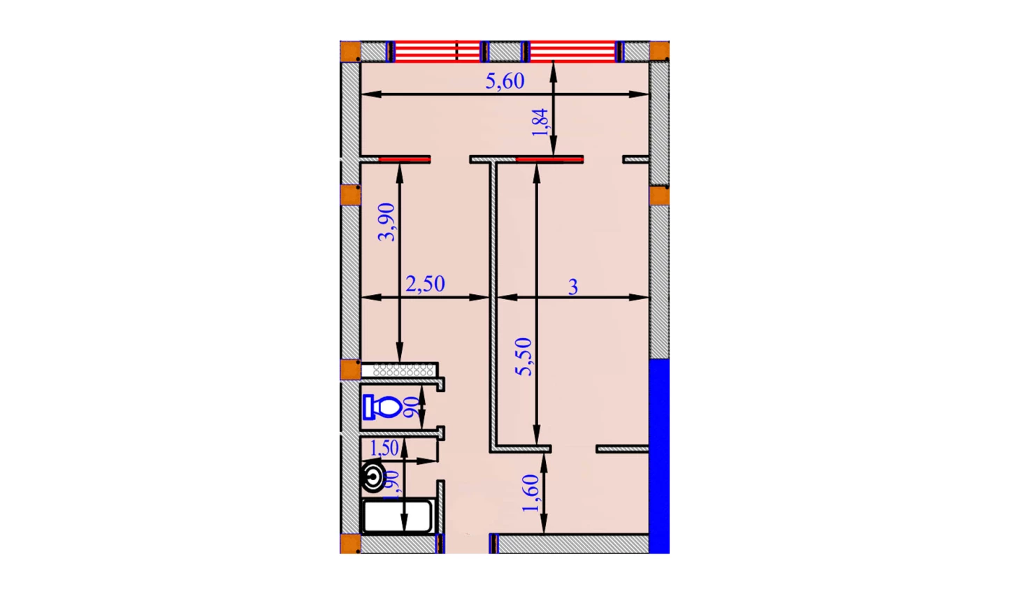 1-xonali xonadon 57.4 m²  6/6 qavat