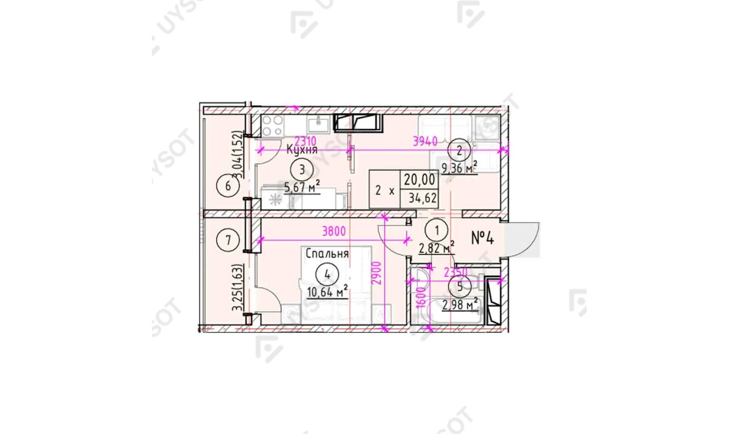 2-xonali xonadon 34.62 m²  2-6/2-6 qavat