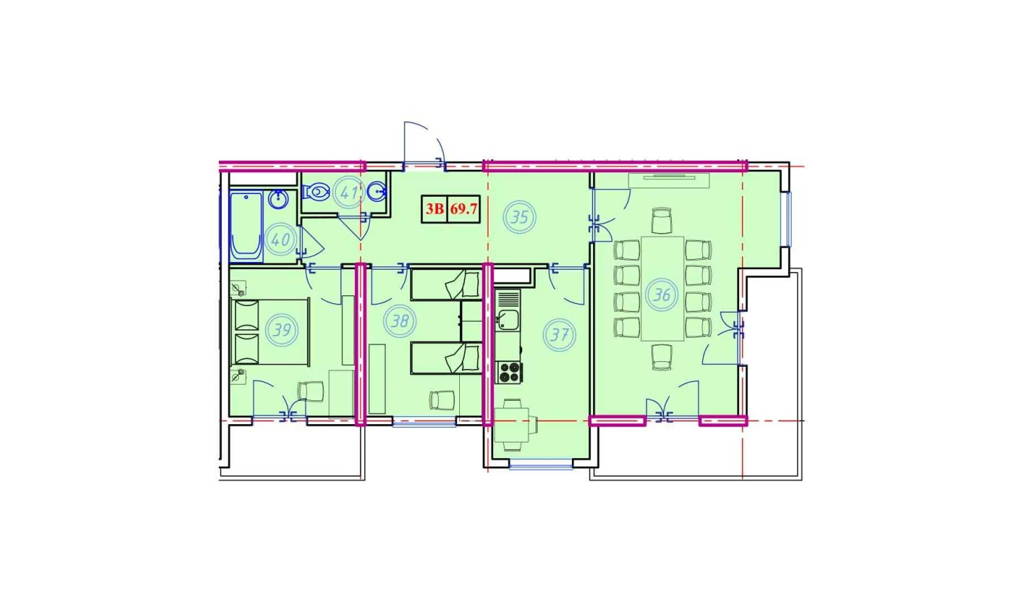 3-xonali xonadon 69.7 m²  8/8 qavat