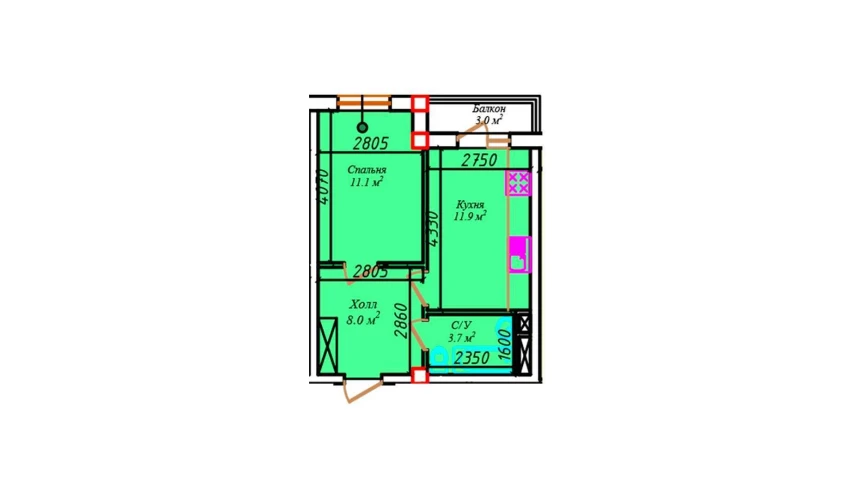 1-комнатная квартира 37.2 м²  4/4 этаж