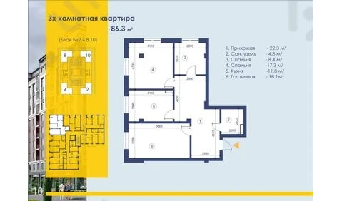 3-комнатная квартира 86.3 м²  2/2 этаж