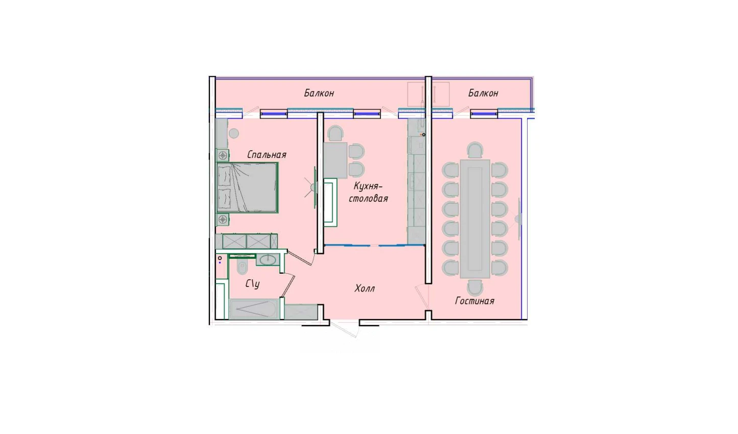 2-комнатная квартира 64.26 м²  1/1 этаж