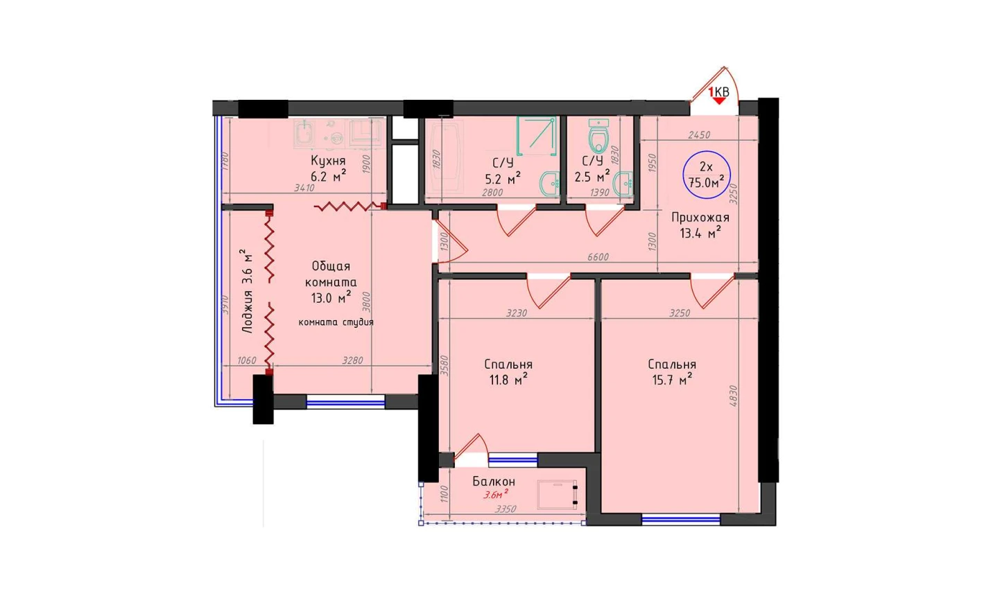 2-комнатная квартира 75 м²  2/2 этаж