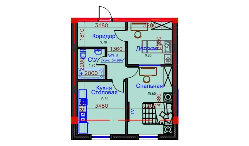 2-xonali xonadon 54 m²  9/9 qavat