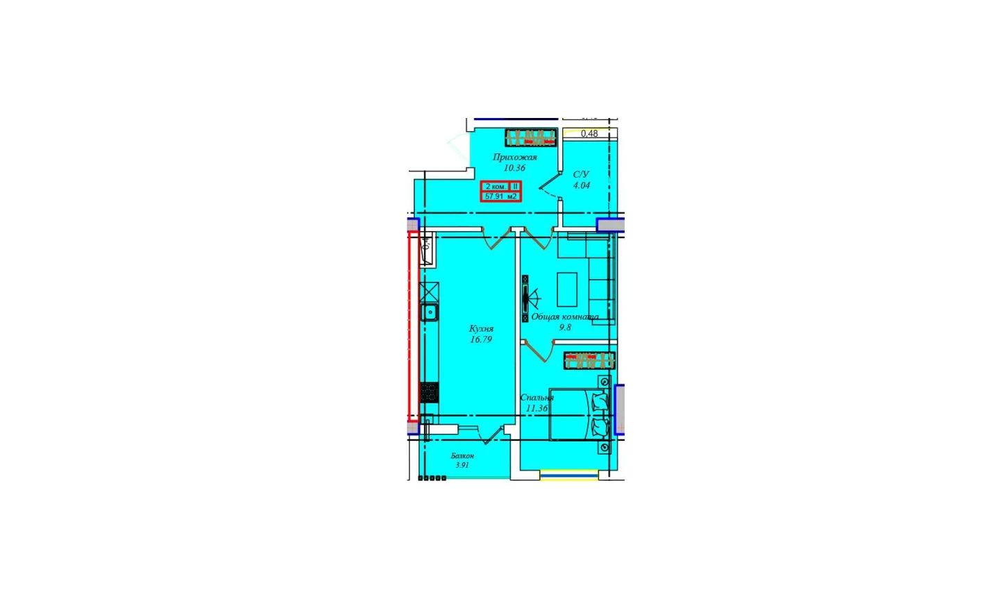 1-комнатная квартира 56.68 м²  2/2 этаж