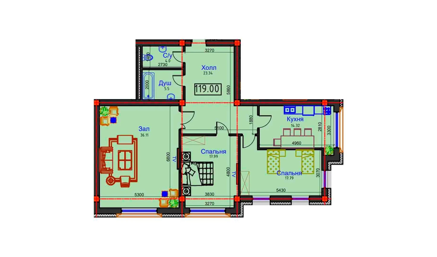 3-xonali xonadon 119 m²  2/2 qavat