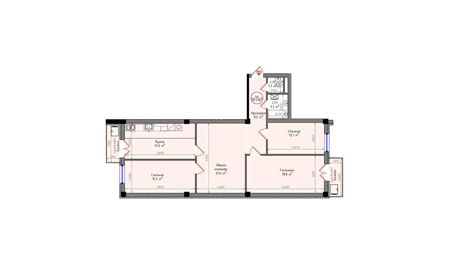 4-xonali xonadon 105.5 m²  3/3 qavat