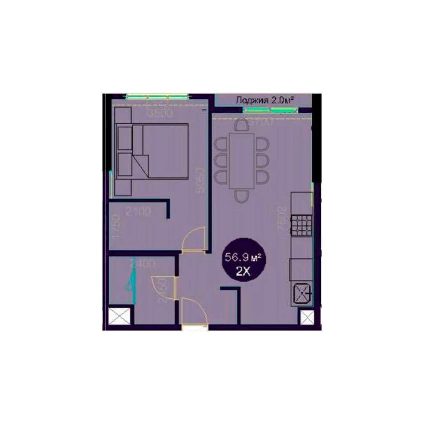 2-комнатная квартира 56.9 м²  3/3 этаж