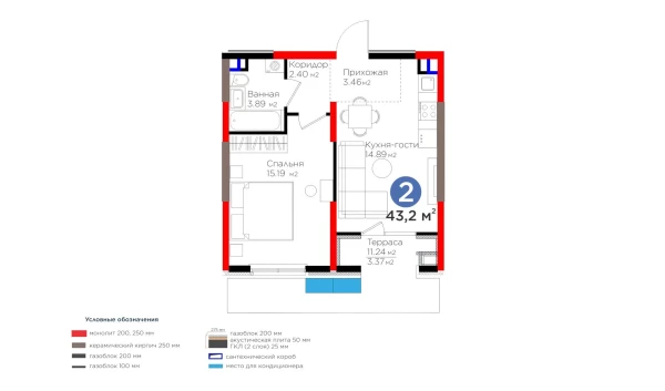 2-комнатная квартира 43.2 м²  3/9 этаж | Жилой комплекс BI Sad'O