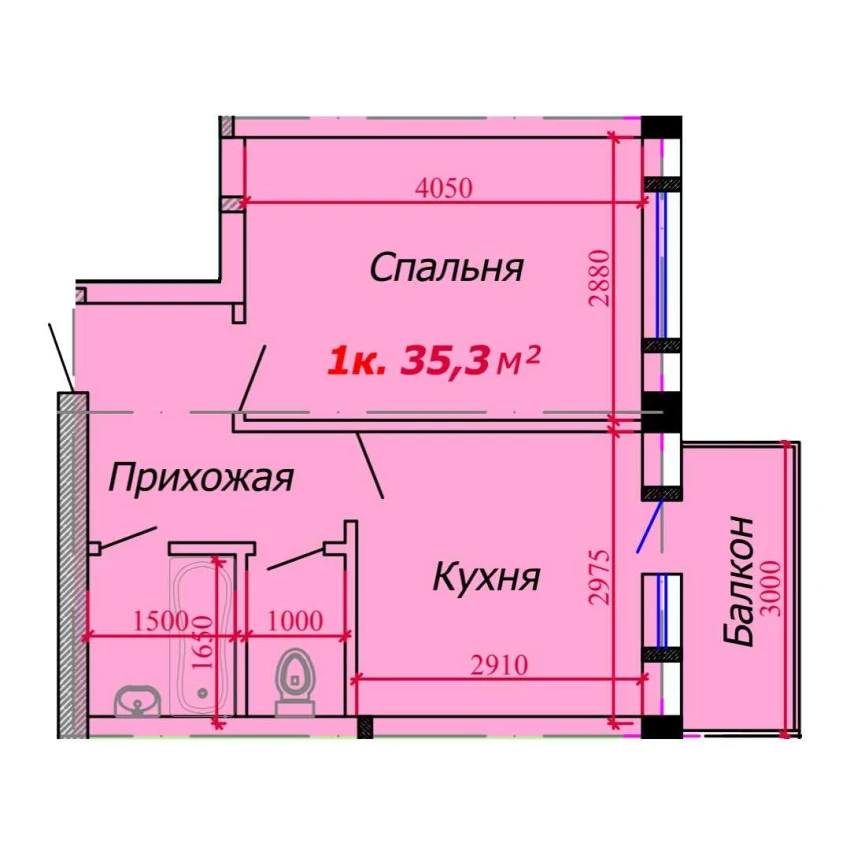 1-комнатная квартира 35.3 м²  4/4 этаж