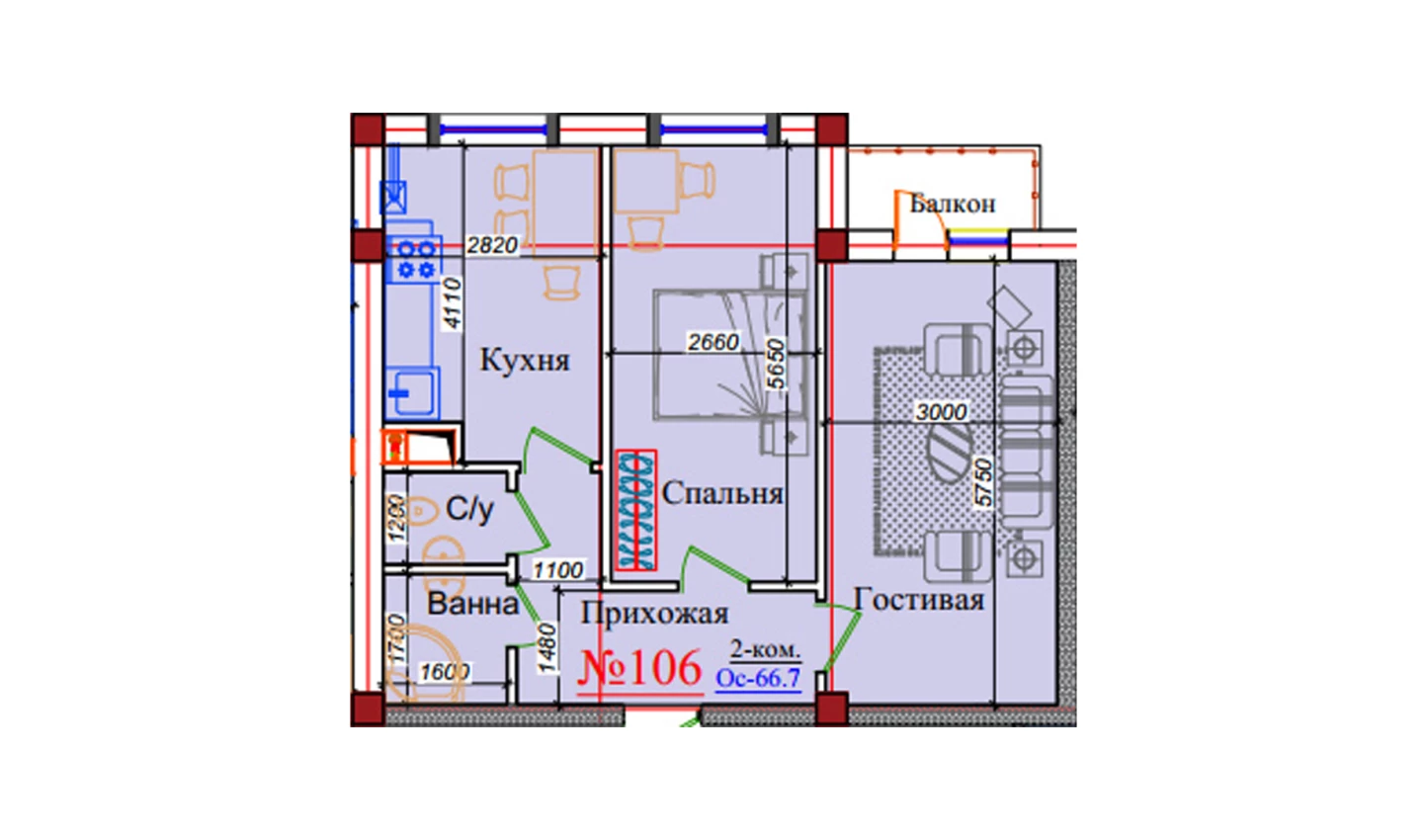 2-xonali xonadon 66.7 m²  9/9 qavat