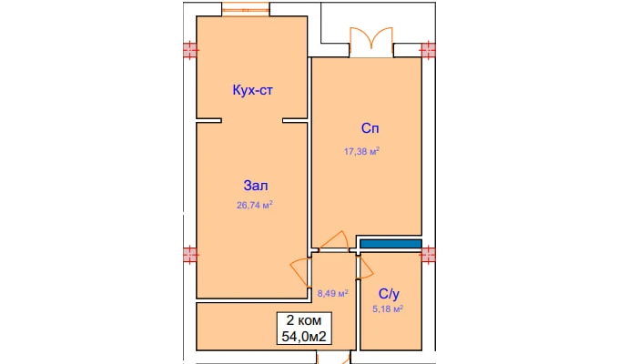 2-комнатная квартира 54 м²  7/7 этаж