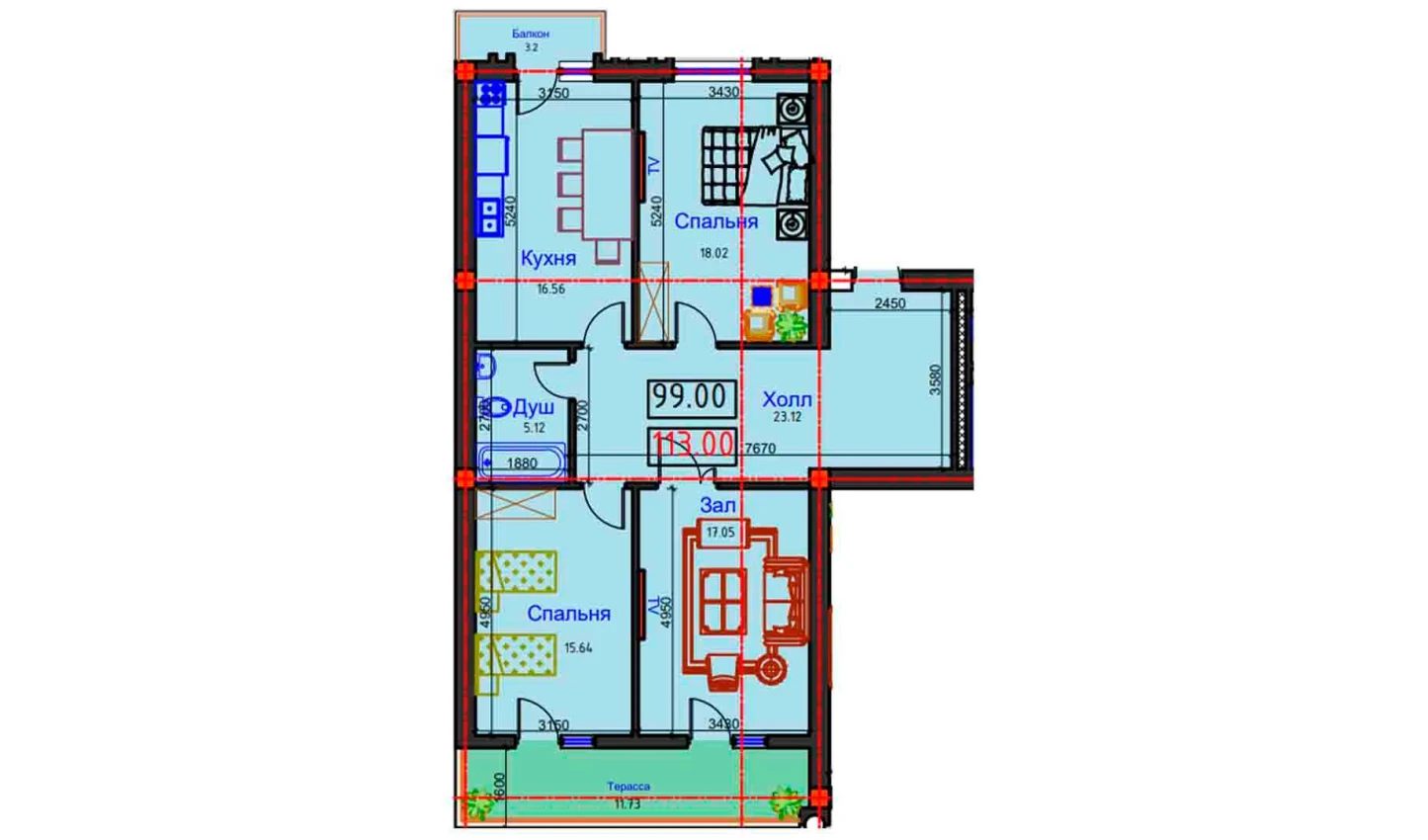 3-xonali xonadon 113 m²  9/9 qavat