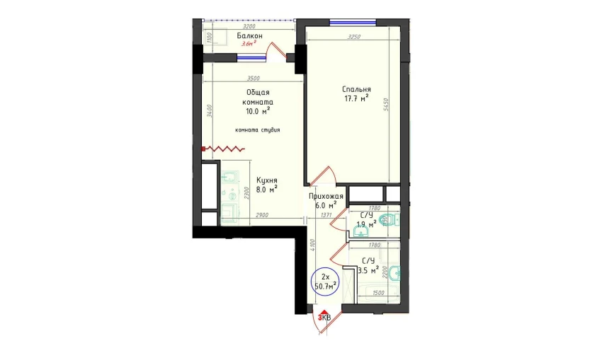 2-комнатная квартира 50.7 м²  15/15 этаж