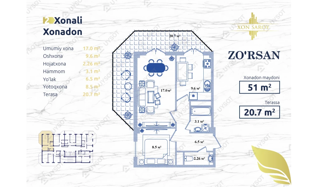 2-xonali xonadon 51 m²  15/15 qavat