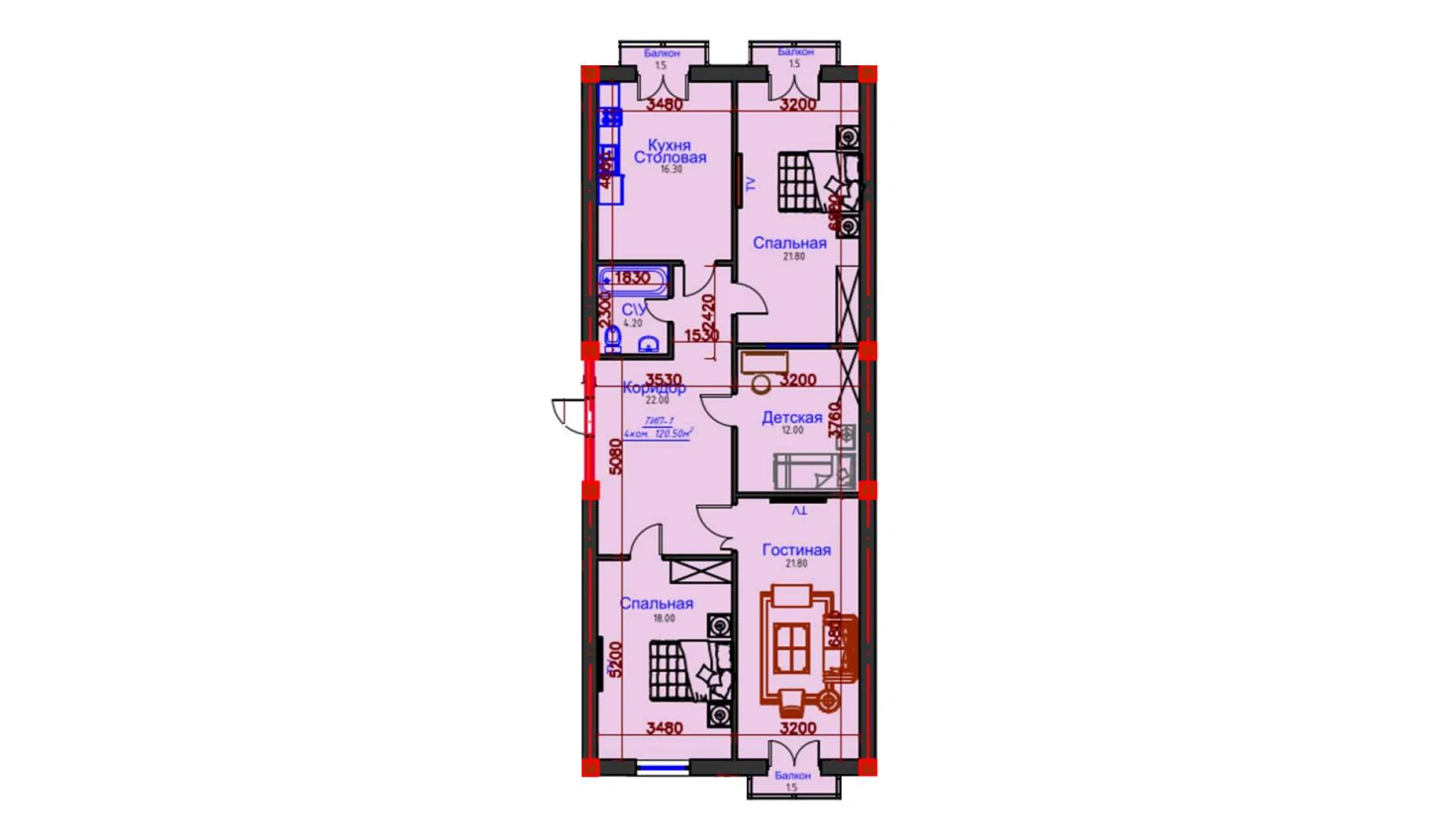 3-комнатная квартира 120.5 м²  9/9 этаж