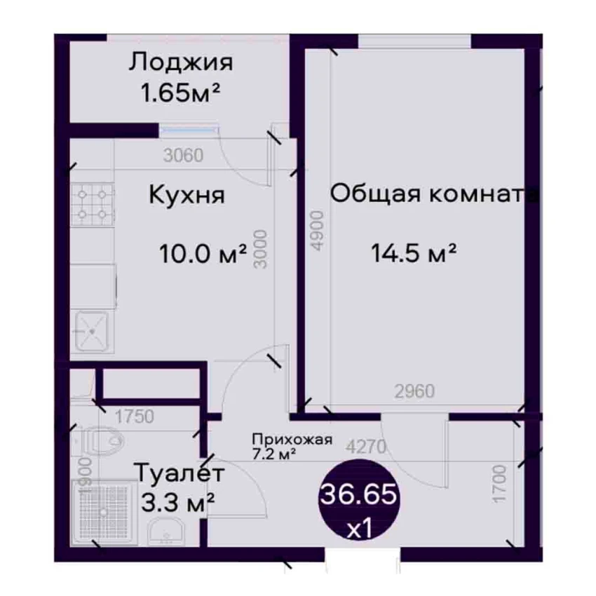 1-комнатная квартира 36.65 м²  9/9 этаж