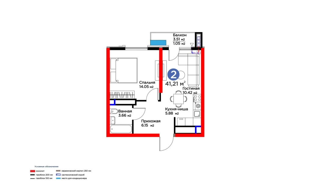 2-комнатная квартира 41.21 м²  9/9 этаж