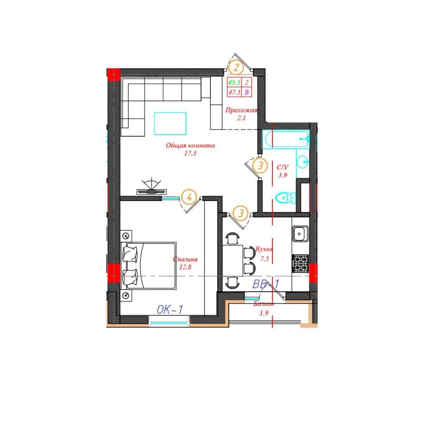 2-комн. квартира 47.5 м²  3/12 этаж | Жилой комплекс CHINARA PARK