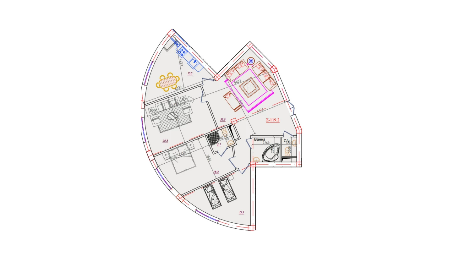 3-xonali xonadon 119.2 m²  9/9 qavat