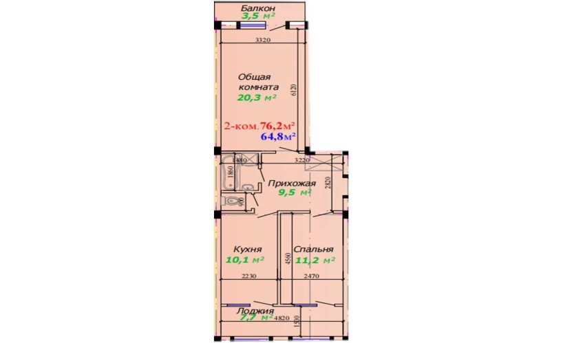 2-xonali xonadon 76.2 m²  3/7 qavat | Bunyodkor Turar-joy majmuasi