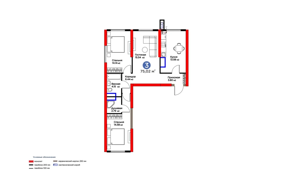 3-комнатная квартира 75.02 м²  2/2 этаж