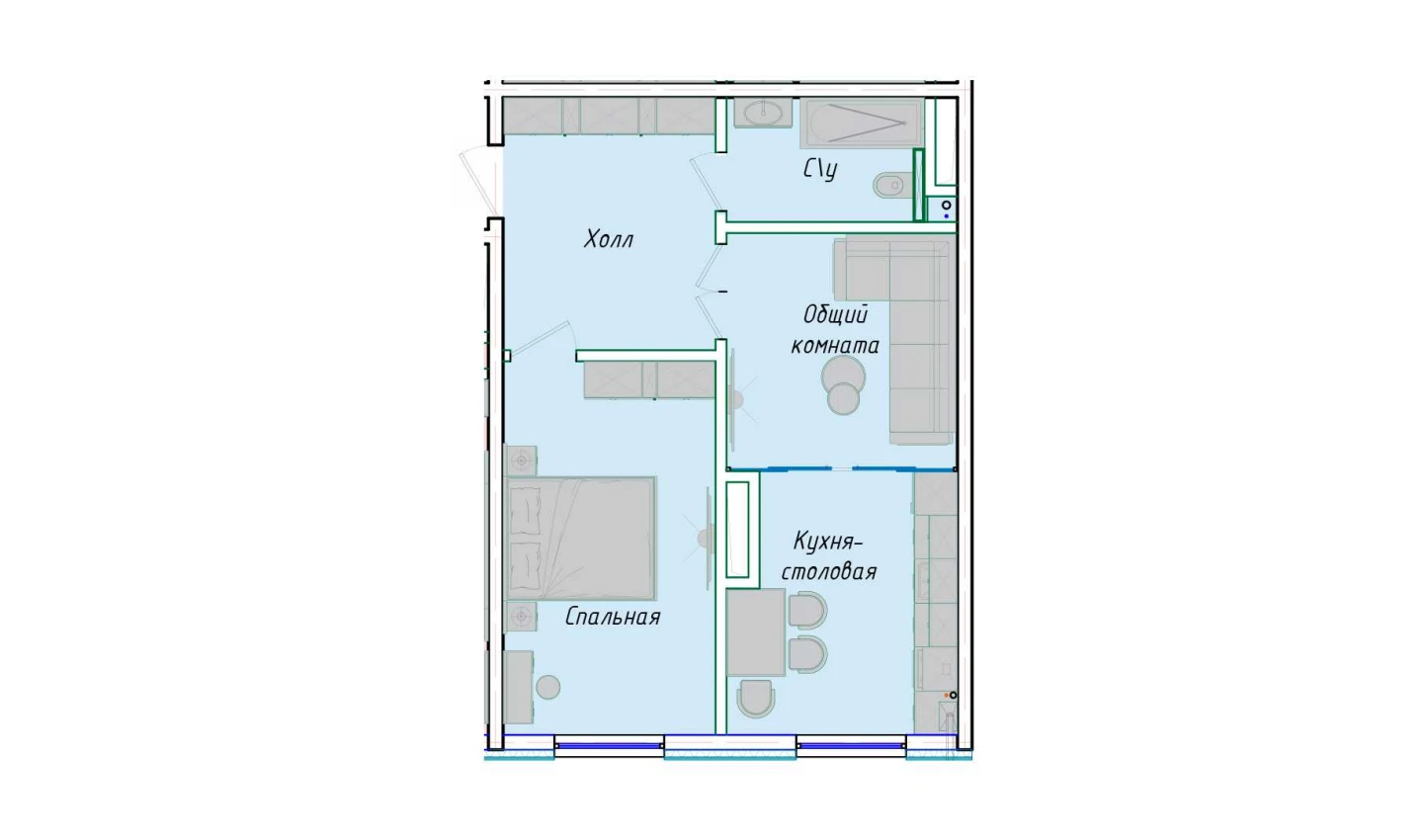 2-комнатная квартира 50.85 м²  1/1 этаж