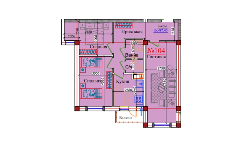 3-комнатная квартира 87.45 м²  4/9 этаж | Жилой комплекс ZAR ZAMONAVIY UYLAR