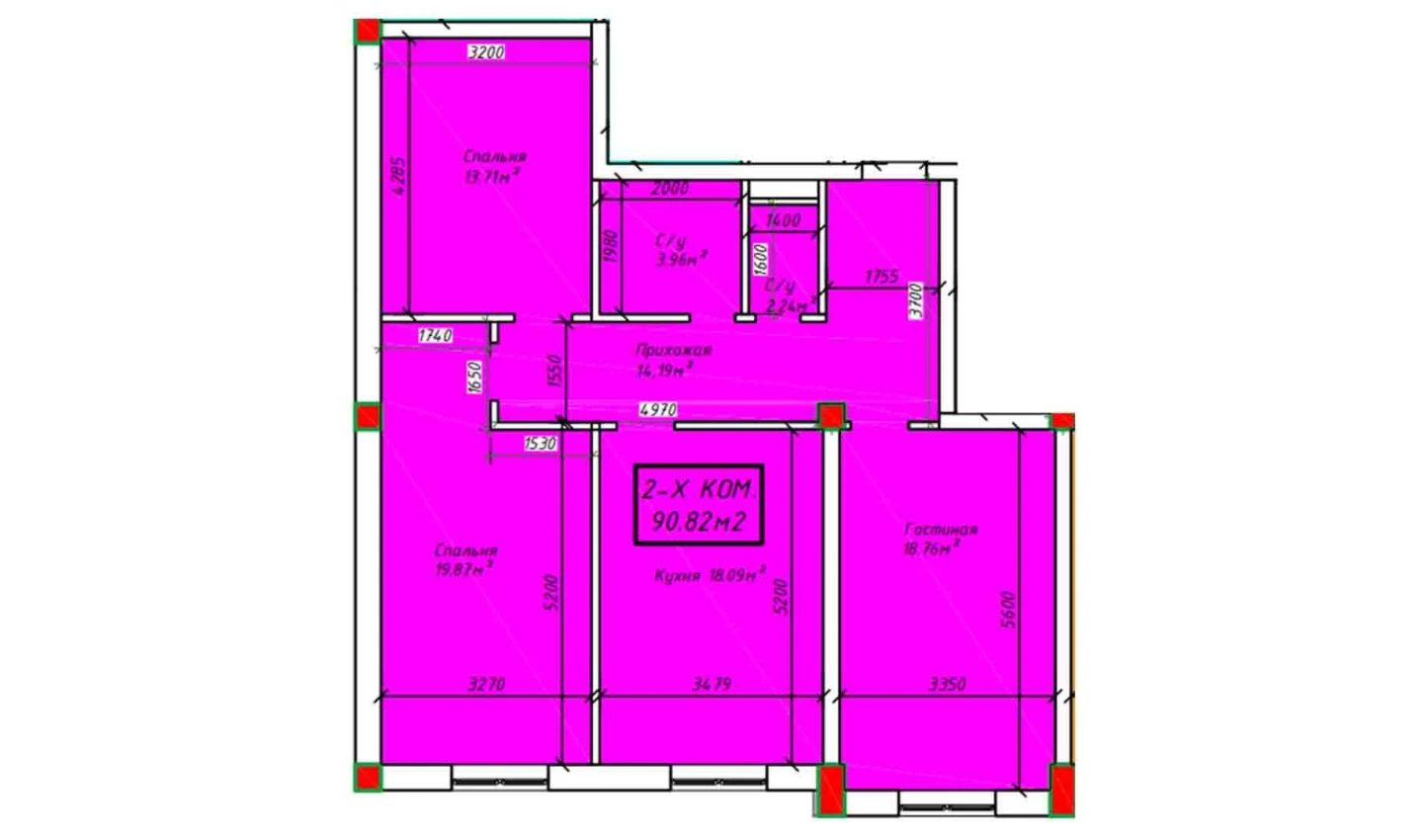 3-комнатная квартира 90.82 м²  2/2 этаж