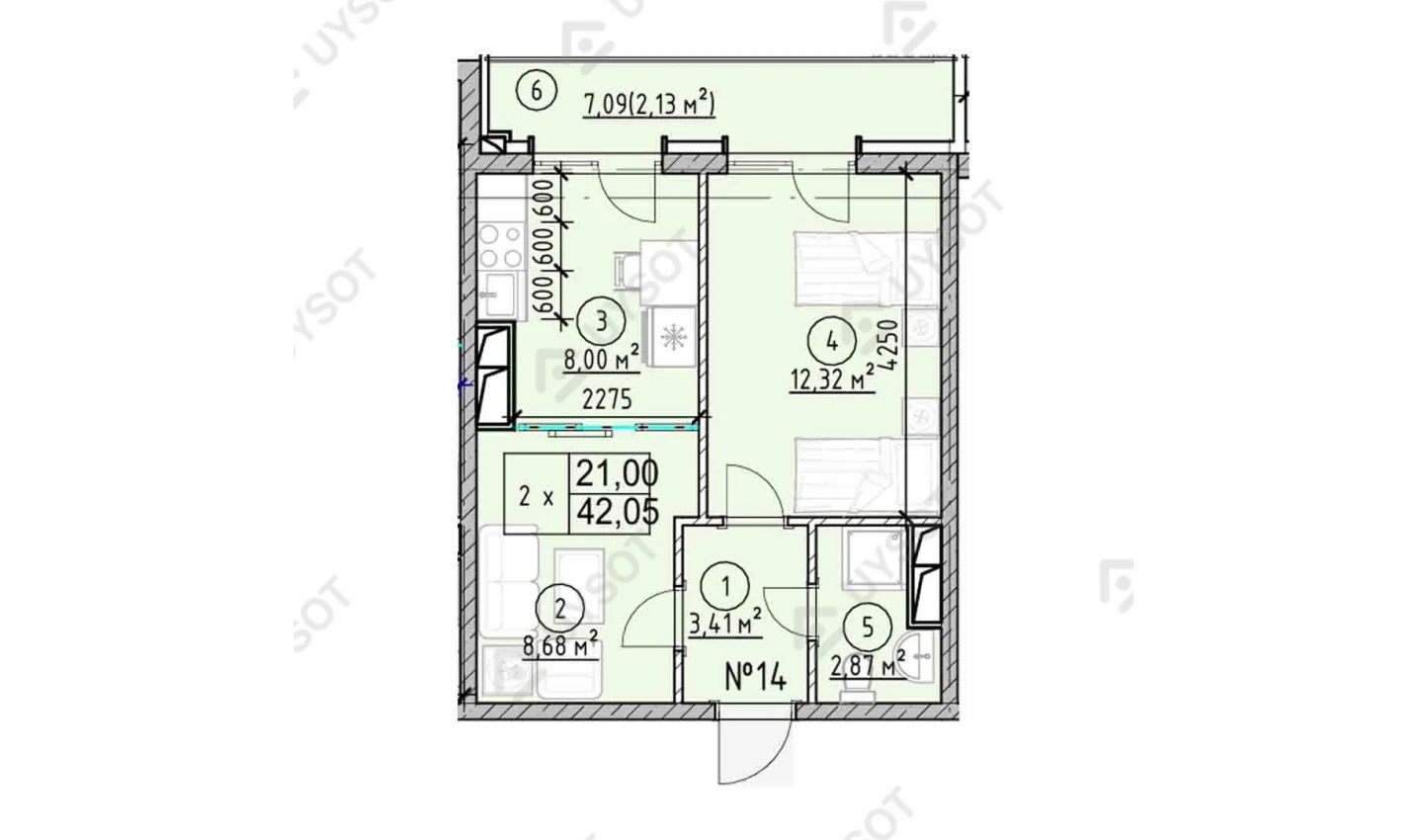 2-комнатная квартира 42.05 м²  3/3 этаж