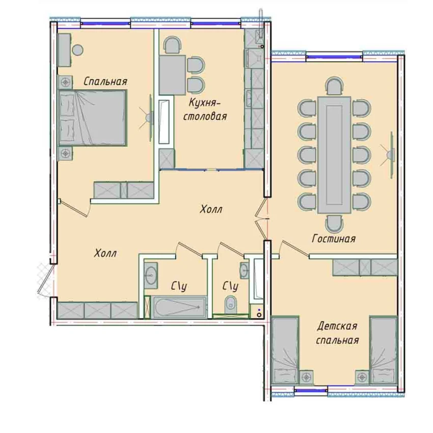 3-комнатная квартира 87.34 м²  1/1 этаж