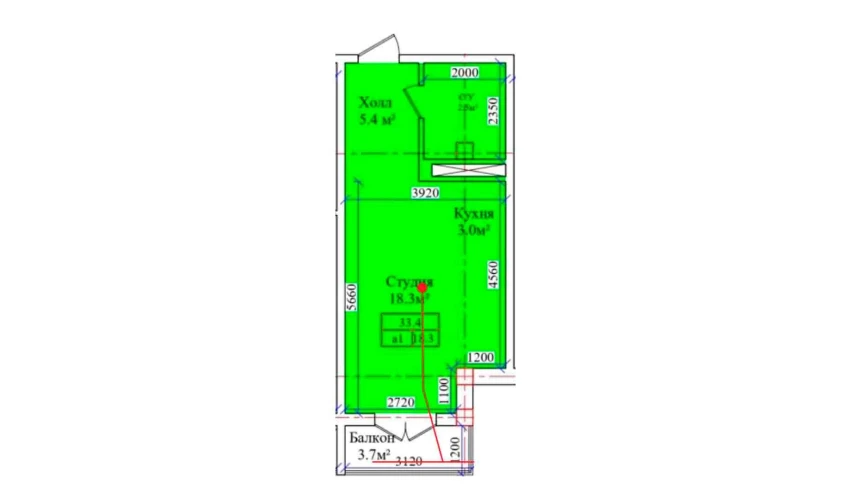 1-xonali xonadon 33.4 m²  9/9 qavat