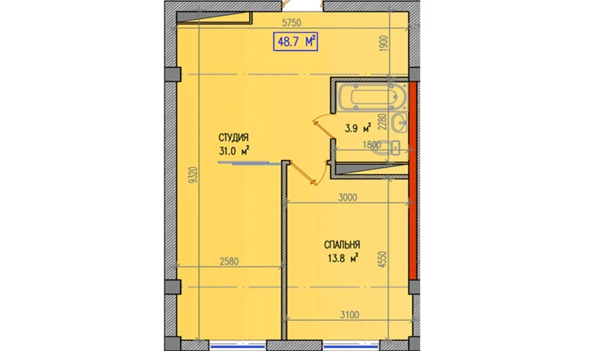 2-комнатная квартира 48.7 м²  3/3 этаж