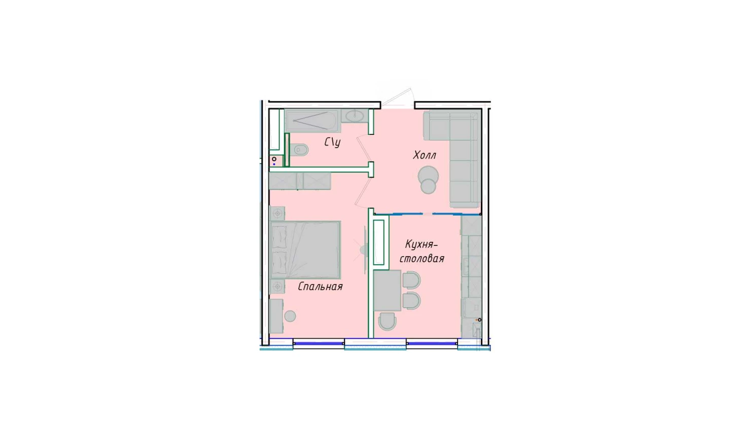 1-комнатная квартира 39.02 м²  1/1 этаж