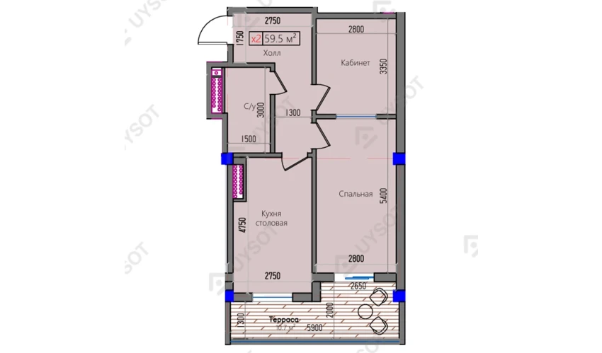 2-xonali xonadon 59.5 m²  2/16 qavat | Park Avenue Turar-joy majmuasi