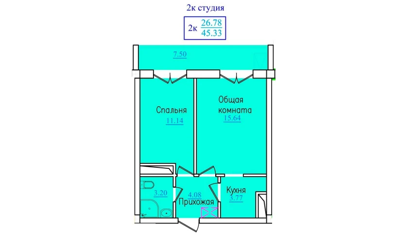 2-комнатная квартира 45.33 м²  4/9 этаж | Жилой комплекс PROVANS