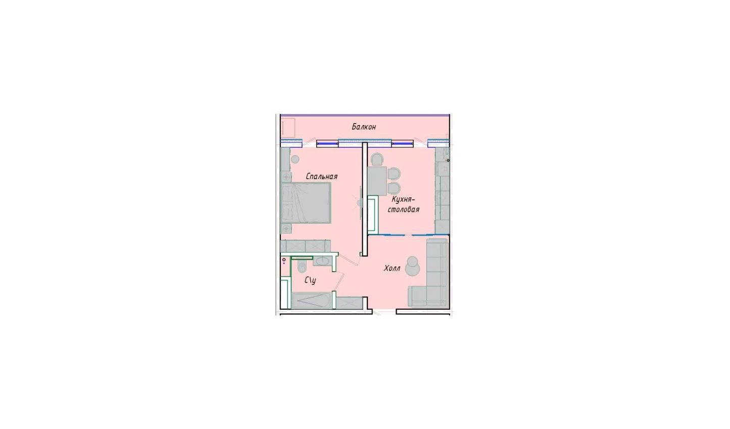 1-комнатная квартира 52.38 м²  6/6 этаж