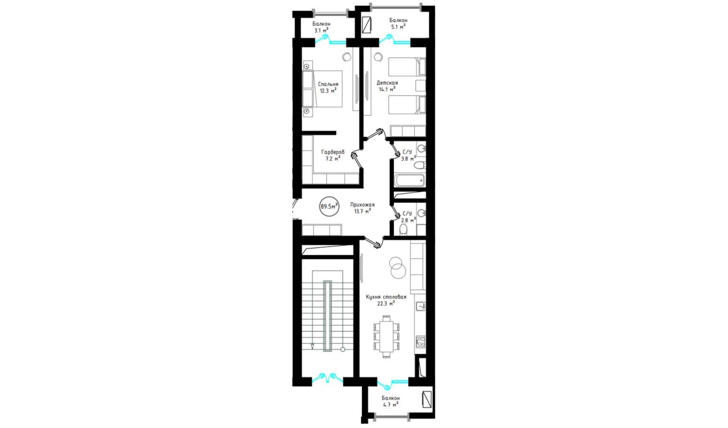 2-комнатная квартира 89.5 м²  5/5 этаж